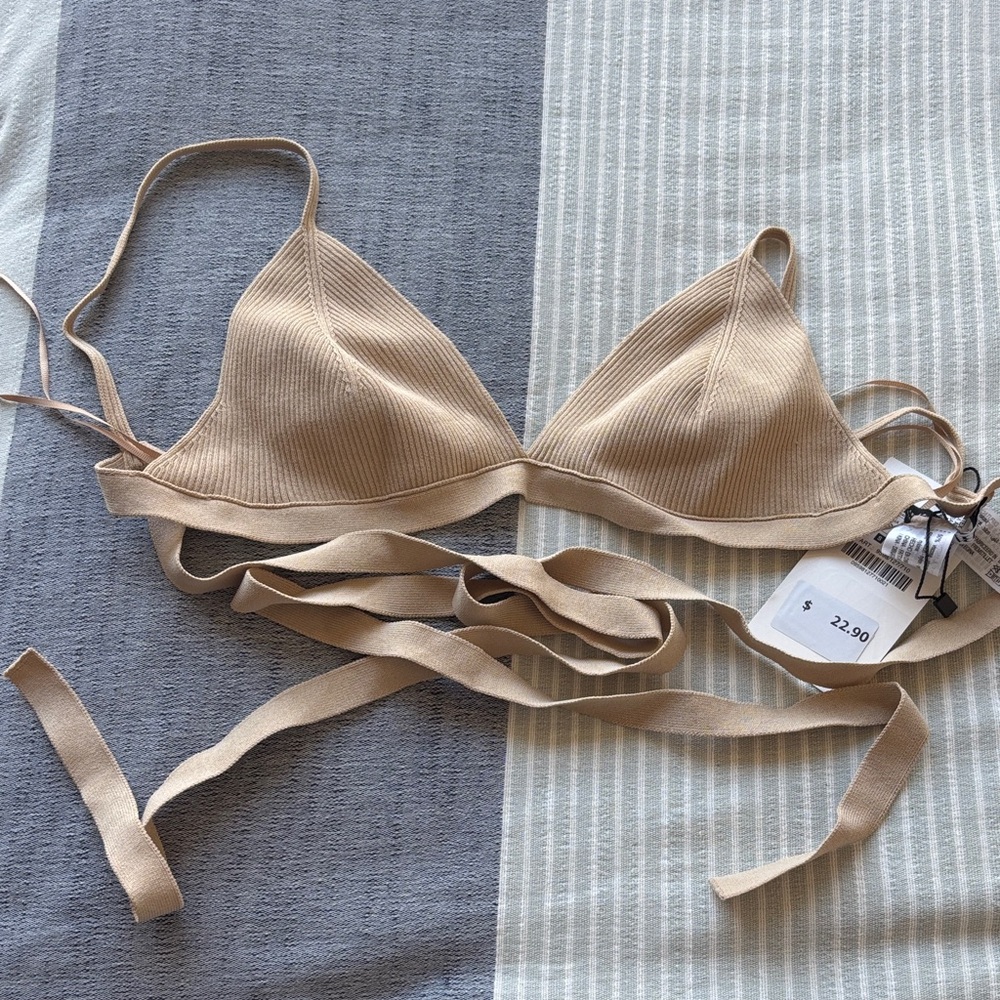 Zara Beige Ribbed Tie Wrap Crop Top